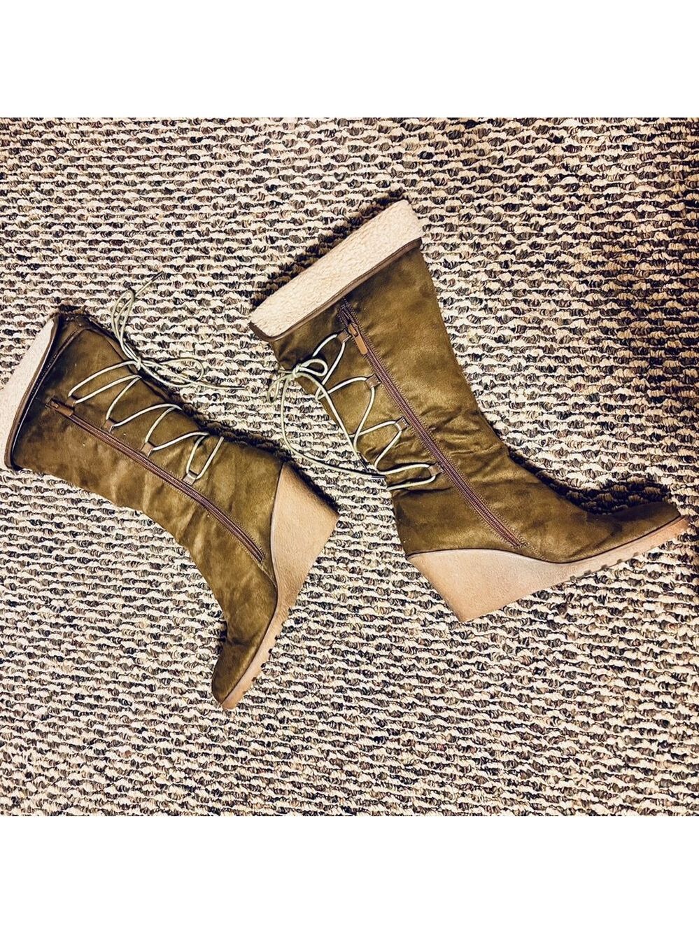 Light Brown Lace Up Zipper Wedge Boots - Picture 4 of 15
